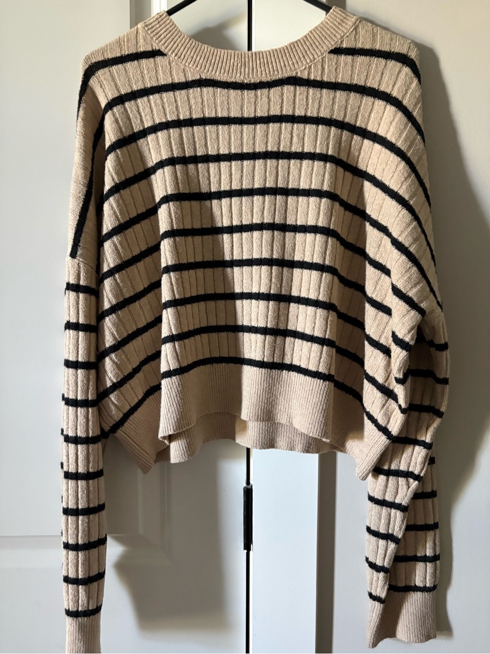 Double Zero-Striped Beige and Black Ribbed Knit Sweater